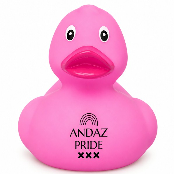 Andaz logo op roze eend